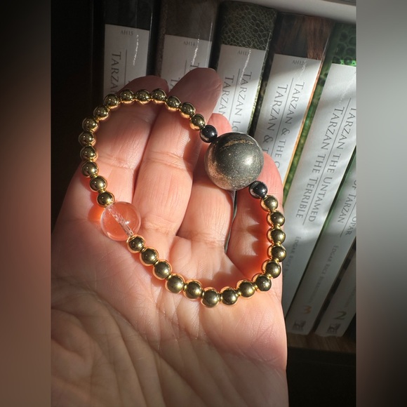 CLEAR  QUARTZ + GOLD-FILLED + PYRITE NATURAL STONES BRACELET size 7” - Picture 13 of 16